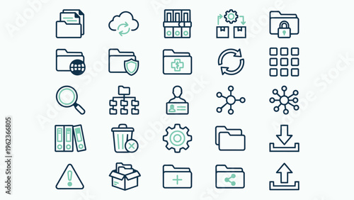 Digital File Management and Cloud Computing Outline Icons Set