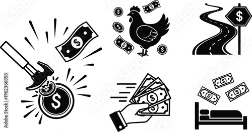 Financial concept illustration with money destruction nest egg journey spending passive income artwork, economy design, vector template set