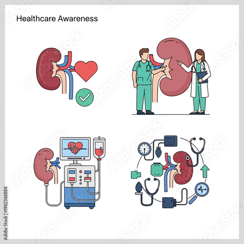 Kidney Health Awareness: Doctors, Dialysis, and Medical Icons