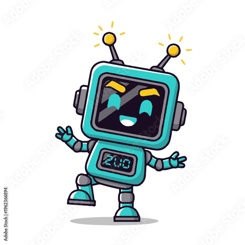Cute cartoon robot with digital display and antennas.