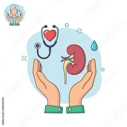 Kidney health care concept: hands protecting kidney with stethoscope and heart symbol