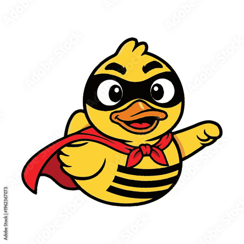 Cute cartoon superhero chick flying with a red cape.