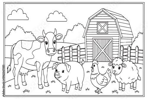 A charming farm scene with a barn cow pig chicken and sheep
