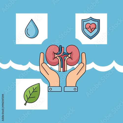 Kidney Health Care: Hands Protecting Kidneys, Water Drop, Leaf, Heart Shield Icons