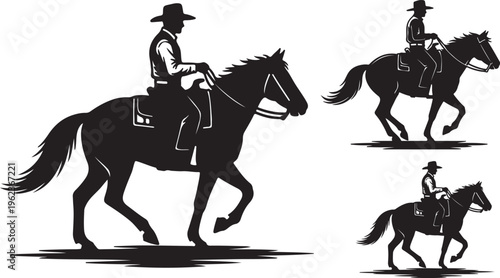 Vintage cowboy riding horse silhouette vector, western rancher on stallion collection, black and white equestrian farm life graphics