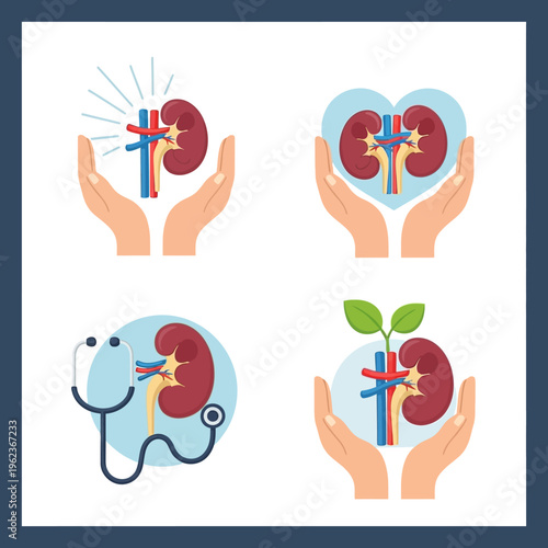 Kidney Health Care Icons: Hands Holding Healthy Kidneys with Medical Symbols