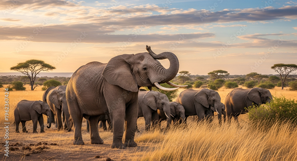 Fototapeta premium A group of wild elephants is in barrel dry grass grassland and surrounded by dry grass and trees at evening time and sunlight streaming everywhere in sky a wildlife illustration 