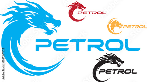 Dragon petrol logo design set, mythical creature automotive branding icons, blue red orange and black dragon head vector collection