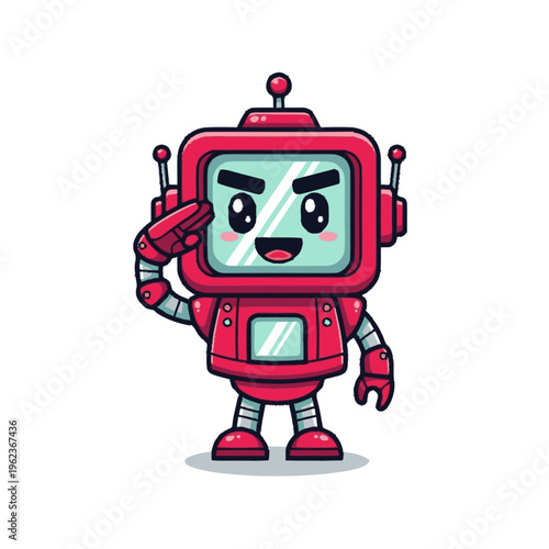 Cute Red Robot Character Saluting with a Smile.