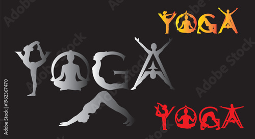 Yoga typography logo set with human silhouettes in asana poses, creative fitness lettering design, wellness and meditation vector icons