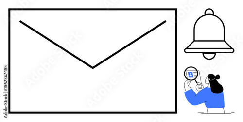 Email notification concept. Icons of an envelope, bell, and user examining content highlight messaging, updates, and alerts. Email communication, notifications and app design. For productivity apps