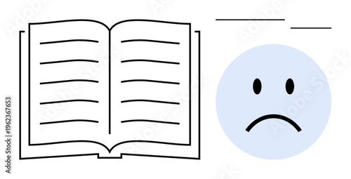 Education challenges. Open book with sad face icon depicting struggles in education and learning challenges. Education understanding difficulties and support systems. For schools, tutorials