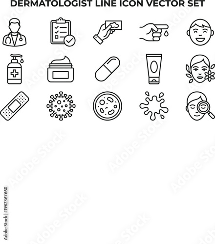 Dermatologist line icon vector set for skincare diagnosis and medical treatment featuring skin examination doctor profile moisturizer cream and acne bacteria symbols for health apps and clinical marke