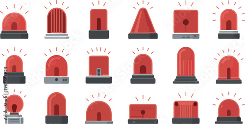 Emergency siren icon set with red beacon alarm lights glossy flashing police ambulance signal warning vector illustration