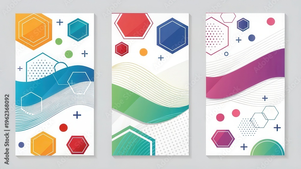 Naklejka premium Set of Modern Abstract Geometric Vertical Banners with Colorful Shapes and Minimal Design Elements