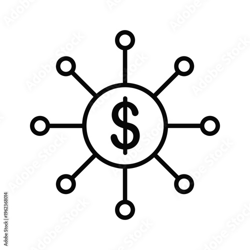 Centralized financial network with interconnected nodes and dollar sign symbol