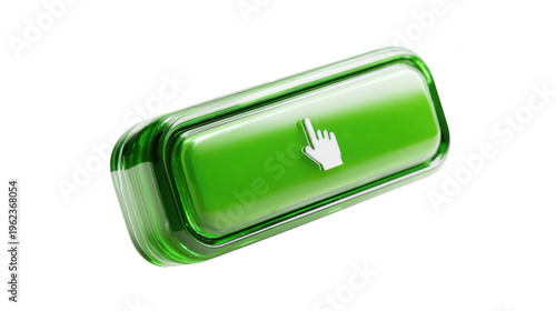 High quality 3d rendered green interactive web button with a white pointer hand cursor icon.