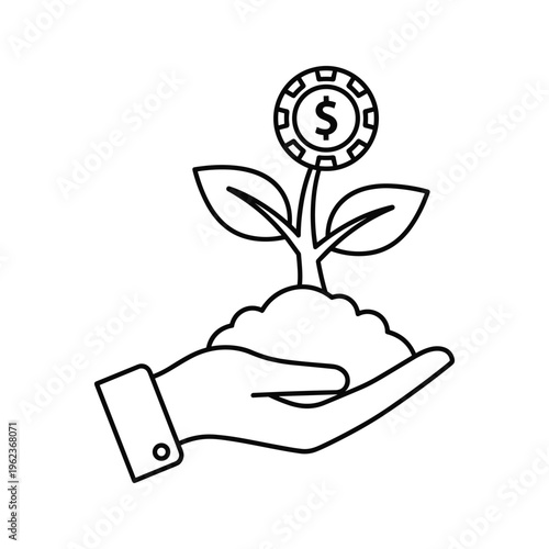 A hand nurturing a growing plant with a poker chip sun symbolizing investment growth.