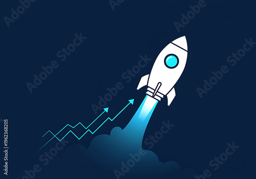 White rocket ship launching into dark blue night sky with rising graph lines