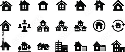 House building icon collection with residential community real estate property exchange artwork, urban design, black vector template set