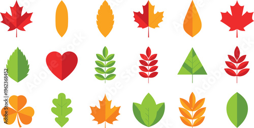 Leaf icon collection with autumn spring foliage botanical artwork, colorful plant design, seasonal nature illustration, vector template set