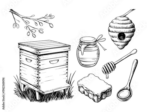 Hand drawn of beekeeping equipment and honey products white background hive apiary