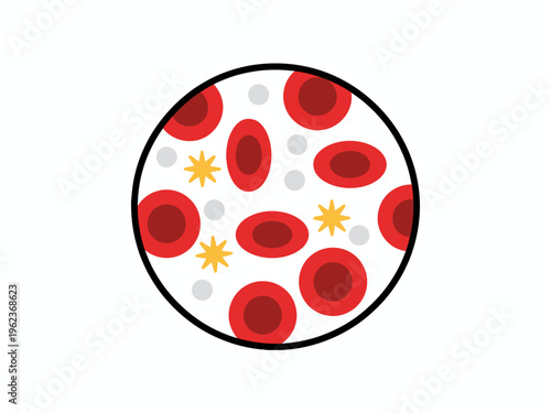 Microscopic view of red cells white cells and platelets in a circular frame