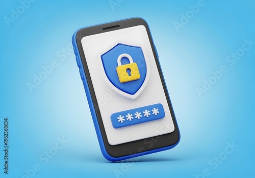 Mobile phone with security shield and lock on screen with password entry field on blue background  secure smartphone with protection symbol and login interface