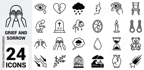 Black and white grief and sorrow icon set featuring crying faces, broken hearts, wilted flowers, gravestones, storm clouds, candles, emotional symbols, loss themes, and mourning concepts