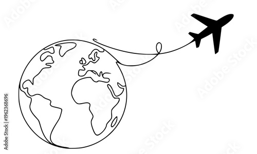 Continuous one line drawing of airplane flying around the world globe in minimal outline style for international travel, aviation, tourism, and global journey concept design