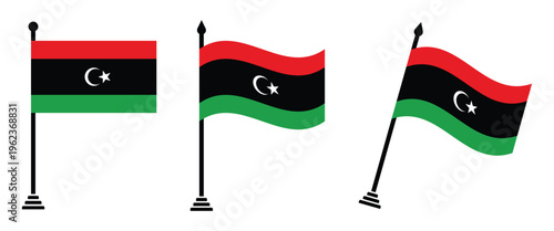 Photos Libya Flag on Pole Vector Set Flat and Waving Libyan National Flags