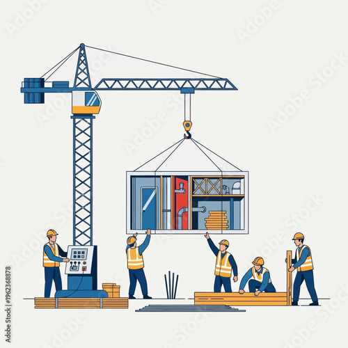 Construction workers assembling modular building with crane at construction site