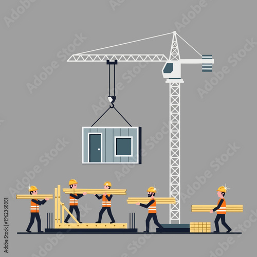 Construction workers building a house with crane lifting a module and carrying wood planks