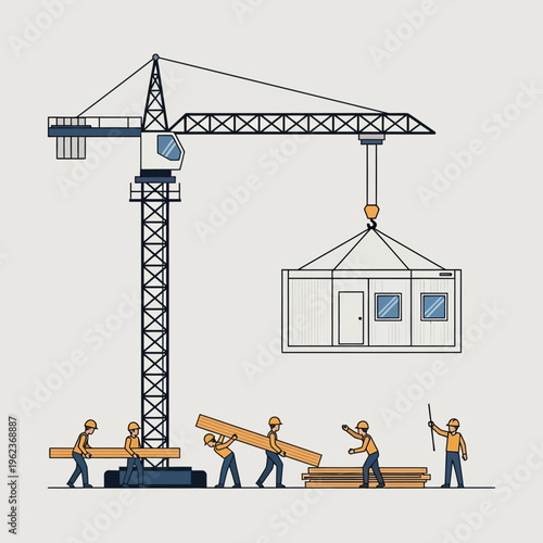 Construction workers assembling modular building with crane lifting container house