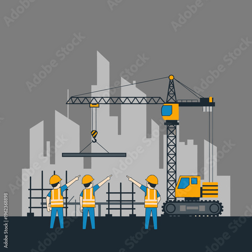 Construction workers directing crane lifting steel beam at city building site