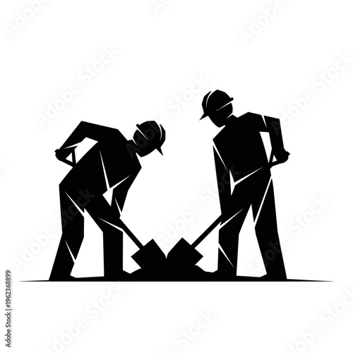 Construction workers digging with shovels, teamwork, hard labor, silhouette, industrial concept