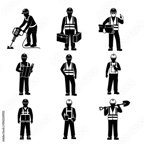 Construction workers in safety vests with tools and blueprints, diverse roles