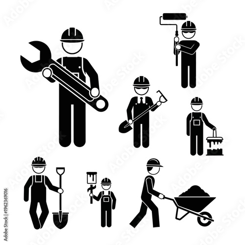 Construction workers icons set: wrench, shovel, paint roller, wheelbarrow, painter