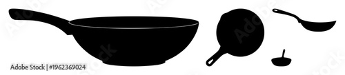 Frying pan set with silhouette highlighting the pan rim and handle featuring cooking, kitchenware, culinary illustration with oil and flame and spices