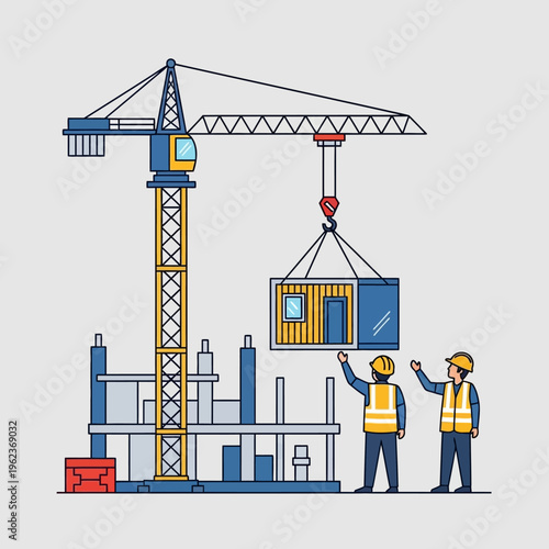 Construction workers operating a crane to lift a modular building at a construction site.