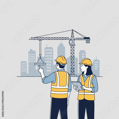 Construction workers overseeing building progress with crane and city skyline background