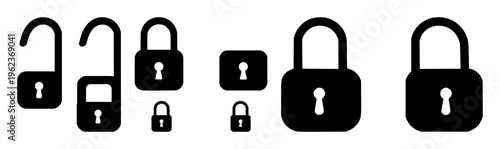 Padlocks set with two flattened black silhouettes on light gray background, one locked and one unlocked, featuring keyhole, rounded rectangle, minimal line art with gray background and high contrast