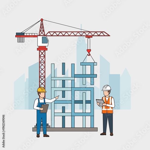 Construction workers overseeing building progress with crane and blueprints at construction site