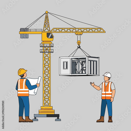 Construction workers overseeing crane lifting modular building unit at construction site
