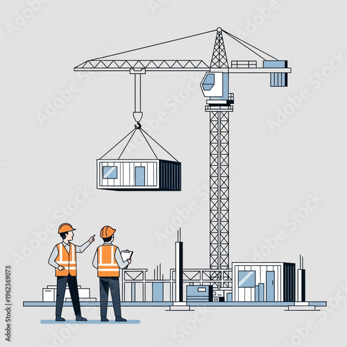 Construction workers overseeing crane lifting container at building site