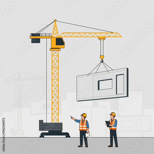 Construction workers overseeing crane lifting modular building component at construction site