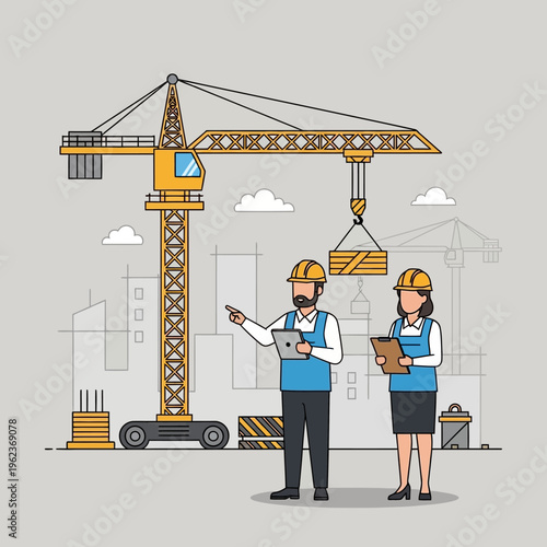 Construction workers overseeing crane lifting wooden beams at building site