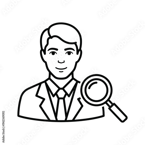 Professional man being examined or investigated with a magnifying glass
