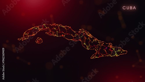 A dynamic motion video showcasing the Cuba country border through a colorful plexus reveal. Glowing red and orange dots represent high-tech data communication and global digital networks.