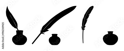 Quill and inkpot set with black silhouette design featuring writing tools, classic decor, stationery with ink and feathers